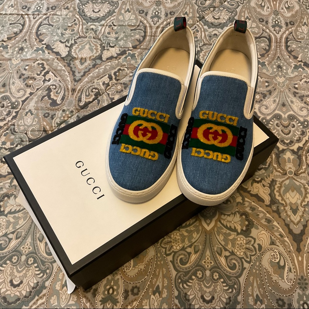 New GUCCI Kura Denim Slip On Sneakers Mens Sz 8